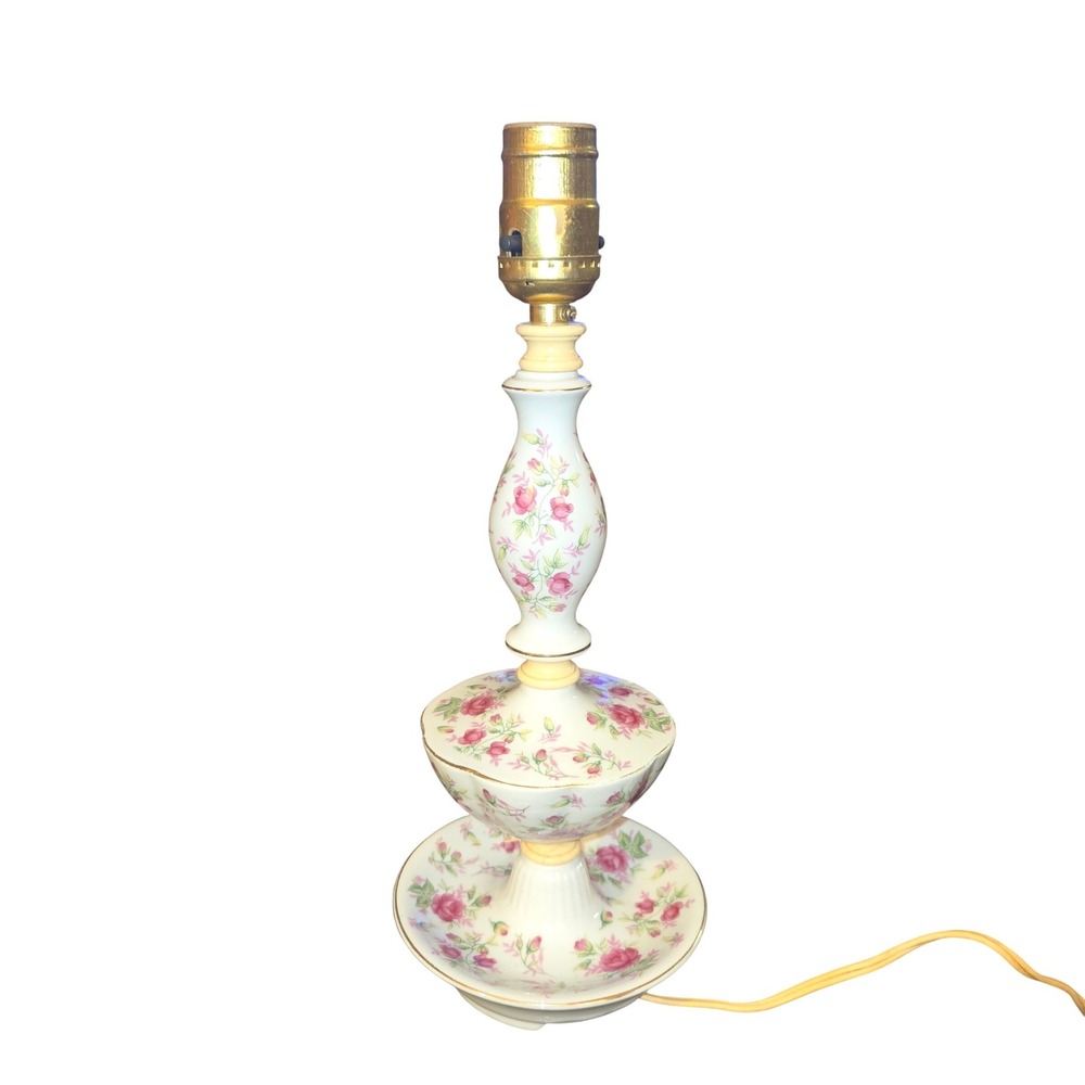 Reliance Table Lamp VTG 1940s/50s White Pink Floral Rose Gold Trim No Shade Chip